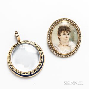 14kt Gold, Enamel, and Crystal Pendant and a 14kt Gold and Seed Pearl Portrait Brooch
