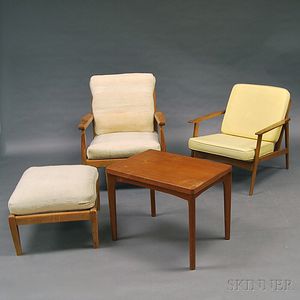 Two Danish Modern Lounge Chairs, an Ottoman, and a Side Table