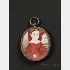 Portrait Miniature of a Girl in Red Holding a Flower, Isaac Sheffield (Connecticut, 1798-1845),c. 1840