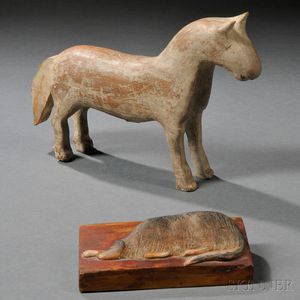 Painted Folk Carving of a Standing Horse and a Reclining Dog