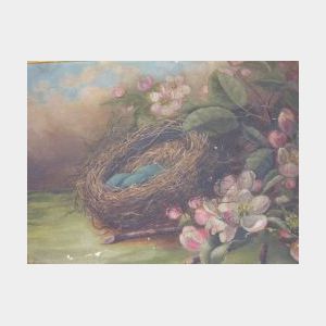 Framed Oil Still Life with a Bird Nest and Blossoms