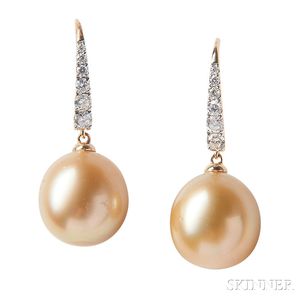 14kt Gold, Golden Pearl, and Diamond Earrings