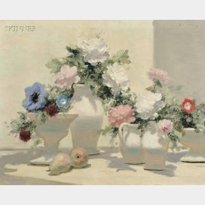 Andre (Gittelson) Gisson (French, 1921-2003) Still Life with Summer Flowers in White Pitchers