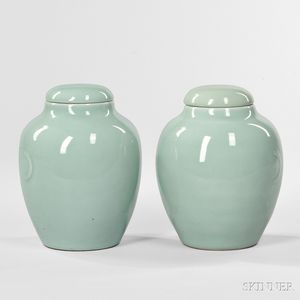 Near Pair of Celadon Covered Jars