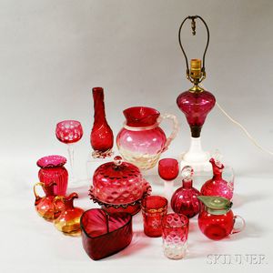 Sixteen Cranberry Glass Tableware Items