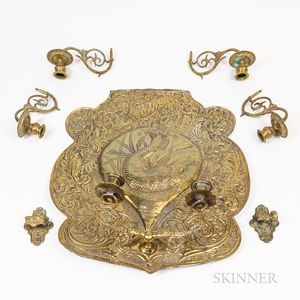 Brass Sconce and Pair of Cobalt Lusters