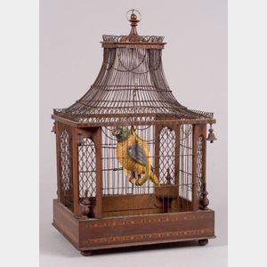 Inlaid Wood and Wirework Birdcage with Ceramic Parrot