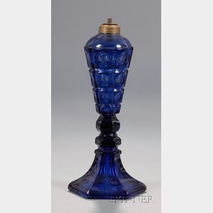 Blue Pressed Four-Printie Block Pattern Glass Whale Oil Lamp
