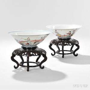 Near Pair of Fencai-enameled Bowls with Stand