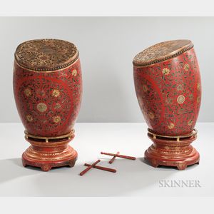 Pair of Leather and Lacquer-decorated Drums with Stands