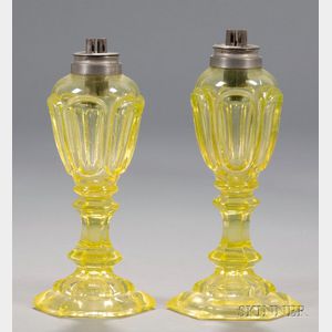 Pair of Canary Yellow Pressed Loop Pattern Glass Lamps