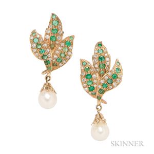 Gold, Emerald, Diamond, and Cultured Pearl Earrings