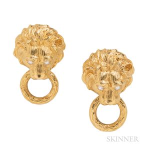 Van Cleef & Arpels 18kt Gold and Diamond Lion's Head Doorknocker Earrings