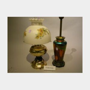Gilt-metal Mounted Iridescent Pulled Leaf and Vine Art Glass Table Lamp Base.
