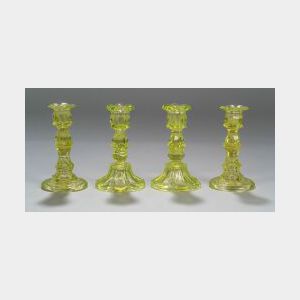 Two Pairs of Canary Yellow Pressed Glass Candlesticks