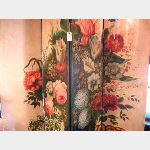 Baroque-style Hand-painted Floral Decorated Four-Panel Floor Screen