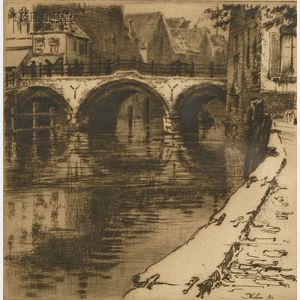 Victor Mignot (Belgian, 1872-1944) Two Views of Malines: Le pont Gothique