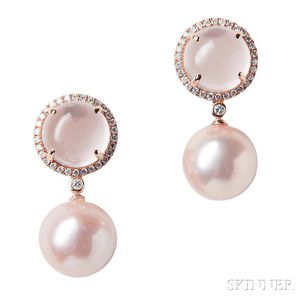18kt Rose Gold, Pink Freshwater Pearl, and Diamond Earrings