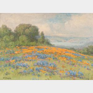 William Franklin Jackson (American, 1850-1936) Field of Poppies and Lupine with View to a Bay