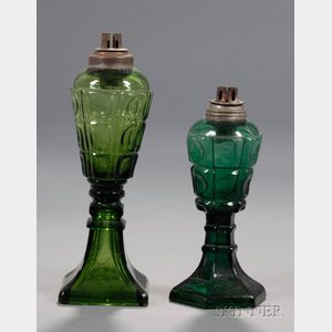 Two Green Blown Molded and Pressed Glass Lamps