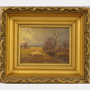 Framed 20th Century Oil on Artistboard Continental School Landscape with Sheep