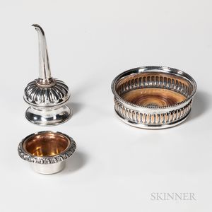 British Silver-plate Wine Funnel, Strainer, and Wood-lined Bottle Coaster