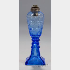 Blue Blown Molded Three-Printie Block and Pressed Glass Lamp