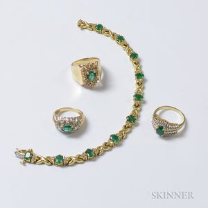 Three 14kt Gold, Emerald, and Diamond Rings and a 14kt Gold, Emerald, and Diamond Bracelet