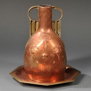 Arts & Crafts Hammered Copper Vase and Tray