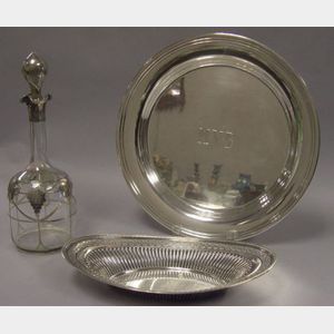 Sterling Silver Overlay Glass Decanter, a and Sterling Silver Bread Tray and Round Tray.
