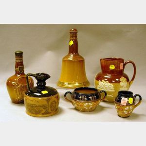 Royal Doulton Glazed Stoneware Chivas Bottle/Decanter, Bells Scotch Whiskey Bottle/Decanter, John Dewar & Sons Jug, a Decorated Creame
