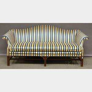 Chinese Chippendale-style Striped Damask Upholstered Camel-back Carved Mahogany Sofa