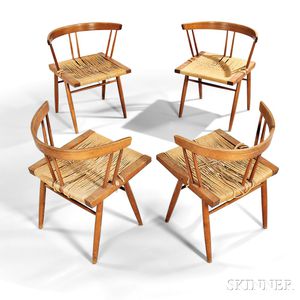 Four George Nakashima Grass-seated Chairs