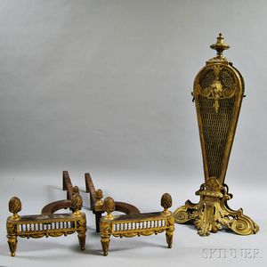 Pair of William H. Jackson Co. Louis XVI-style Andirons and a French Brass Fan-form Firescreen. 