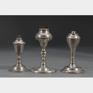 Three Pewter Lamps Including a Patent Lard Lamp