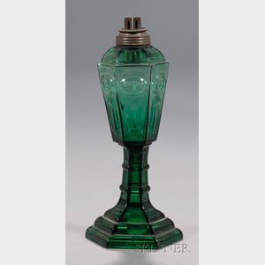 Green Blown Molded Elipse and Oval Glass Lamp on Pressed Hexagonal Base