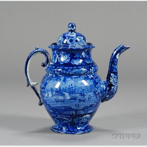 Historic Blue and White Transfer Decorated Pottery Coffeepot