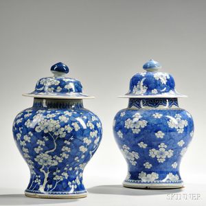 Two Blue and White Covered Jars