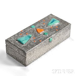 Hammered Silver Box with Enamel Plaques and Cabochons