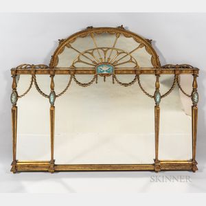 Large George III-style Tripartite Giltwood and Jasper Plaque Overmantle Mirror