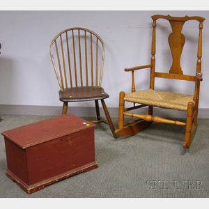 Small Red-painted Pine Six-Board Chest, a Windsor Bow-back Side Chair, and a Queen Anne Maple Armrocker.