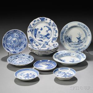 Eleven Blue and White Tableware Items