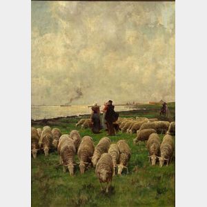 Franz van Leemputten (Dutch, 1850-1914) Grazing Flock on the Shore