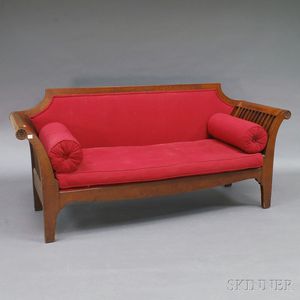 Carved Hardwood and Red-upholstered Sofa