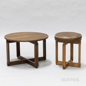 Low Round Walnut Table and a Leather and Oak Stool