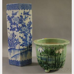 Imari Porcelain Umbrella Stand and an Asian Iris-decorated Celadon Glazed Porcelain Jardiniere. 