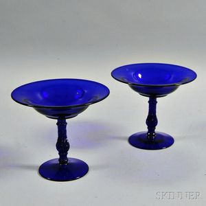 Near Pair of Cobalt Glass Compotes