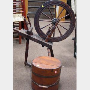 Oak Flax Wheel and Covered Wooden Bucket.