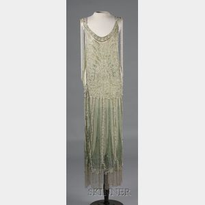 1920s Beaded Green Silk Net Lace Jerkin Dress
