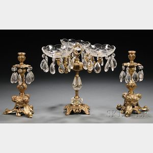 Brass and Glass Candelabra and Three-dish Centerpiece